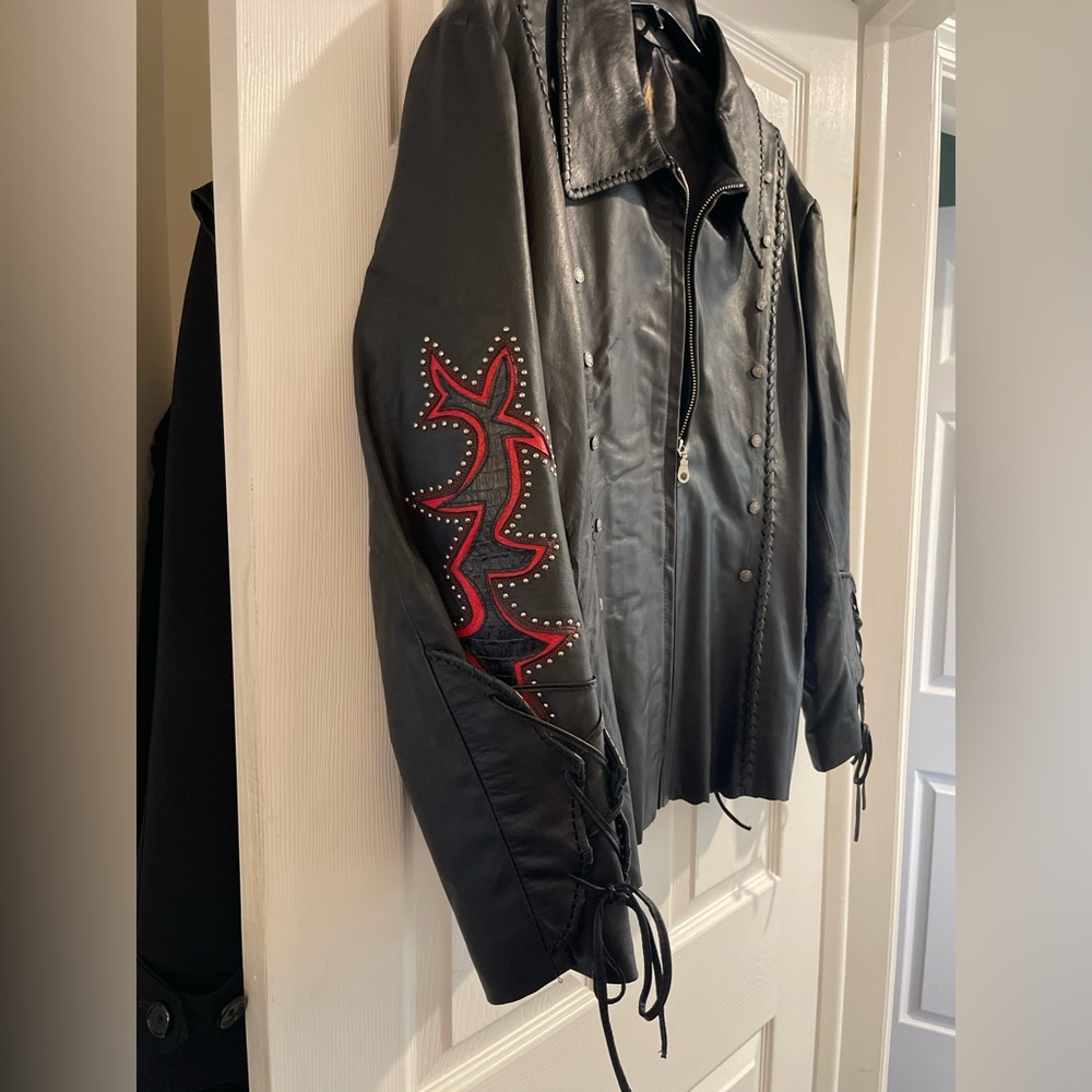 Black Leather Jacket with Red Accents - Picture 4 of 10